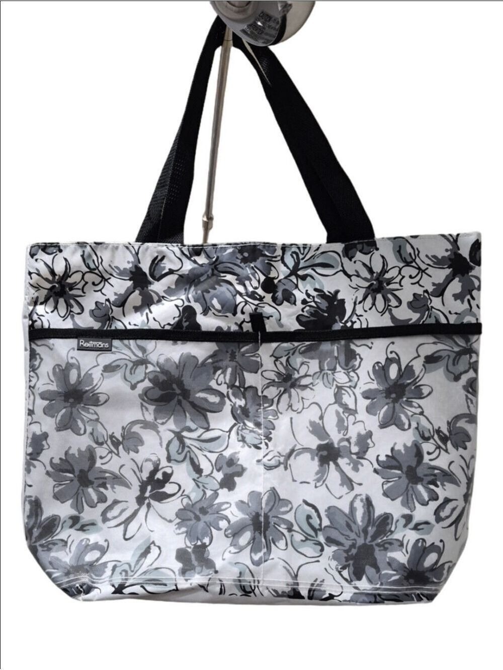 Reitmans Floral Canvas Tote Bag – Black, Grey, & White Pattern with Front Pocks